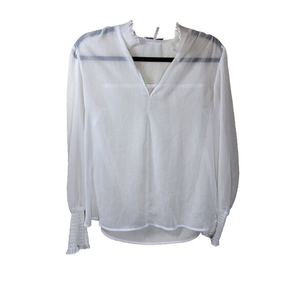 ​BCBGeneration Womens M White Sheer Blouse Smocked Mock Neck V-Neck Long Sleeve - Picture 1 of 4